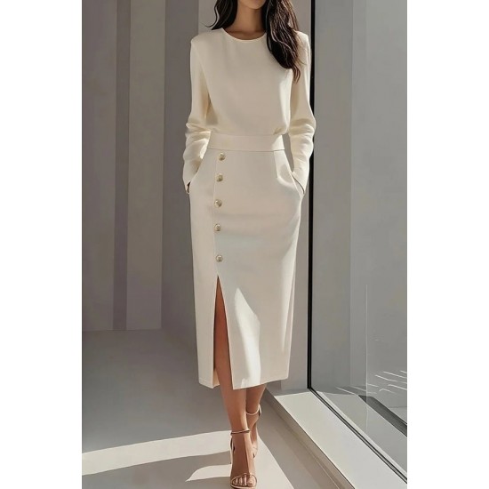 Kadın Uzun Kollu Bisiklet Yakalı Yandan Yırtmaçlı Düğmeli Midi Ithal Krep Elbise , 30394 Kadın Uzun Kollu Bisiklet Yakalı Yandan Yırtmaçlı Düğmeli Midi Ithal Krep Elbise , 30394
