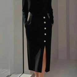 Kadın Uzun Kollu Bisiklet Yakalı Yandan Yırtmaçlı Düğmeli Midi Ithal Krep Elbise , 30393