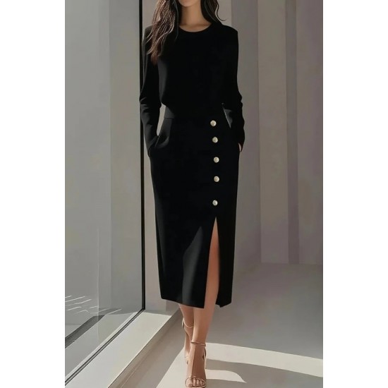 Kadın Uzun Kollu Bisiklet Yakalı Yandan Yırtmaçlı Düğmeli Midi Ithal Krep Elbise , 30393