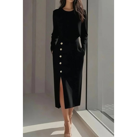 Kadın Uzun Kollu Bisiklet Yakalı Yandan Yırtmaçlı Düğmeli Midi Ithal Krep Elbise , 30393