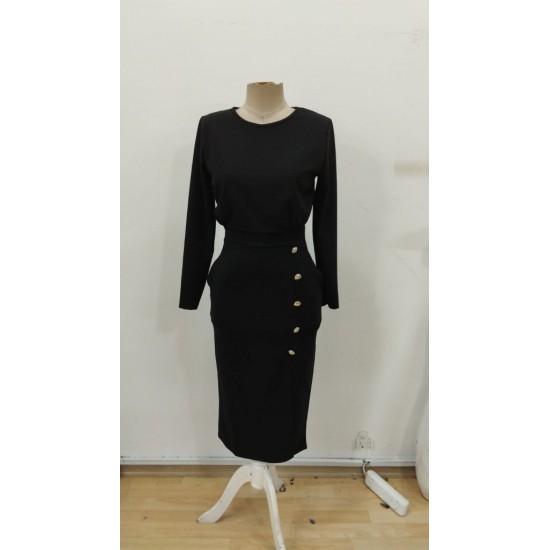 Kadın Uzun Kollu Bisiklet Yakalı Yandan Yırtmaçlı Düğmeli Midi Ithal Krep Elbise , 30393