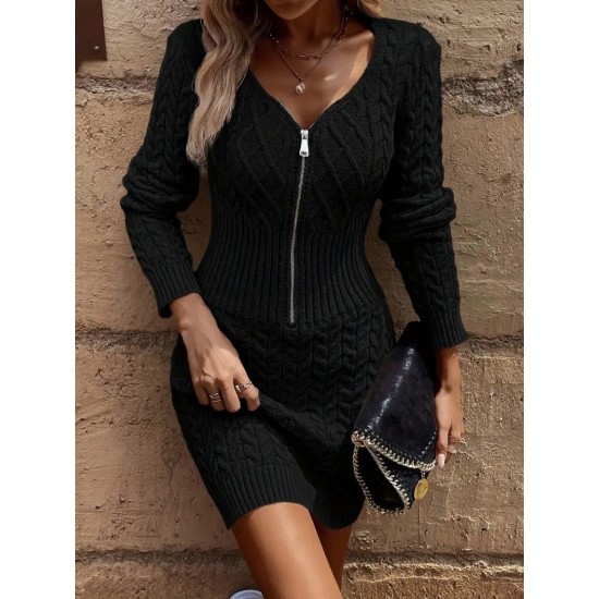 Kadın Uzun Kollu V Yakalı önden Fermuarlı Kısa Triko Elbise, 30410