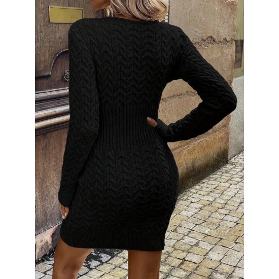 Kadın Uzun Kollu V Yakalı önden Fermuarlı Kısa Triko Elbise, 30410