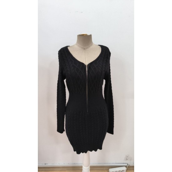 Kadın Uzun Kollu V Yakalı önden Fermuarlı Kısa Triko Elbise, 30410