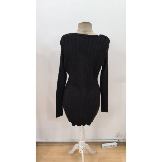 Kadın Uzun Kollu V Yakalı önden Fermuarlı Kısa Triko Elbise, 30410