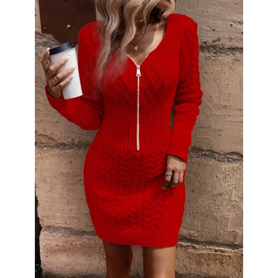 Kadın Uzun Kollu V Yakalı önden Fermuarlı Kısa Triko Elbise, 30408