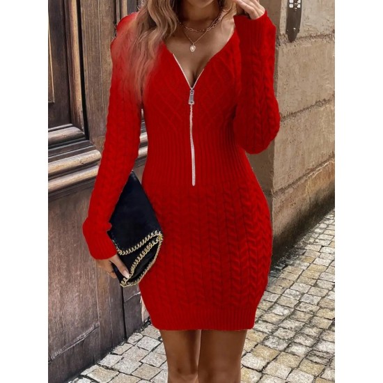 Kadın Uzun Kollu V Yakalı önden Fermuarlı Kısa Triko Elbise, 30408