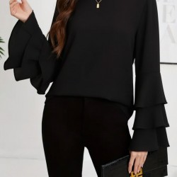 Kadın Uzun Kollu Bisiklet Yaka Kollar İspanyol Volanlı Sandy Bluz, 30402