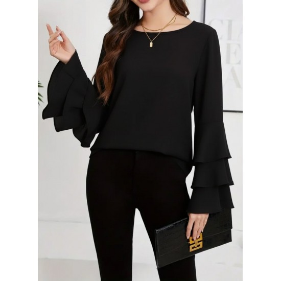 Kadın Uzun Kollu Bisiklet Yaka Kollar İspanyol Volanlı Sandy Bluz, 30402