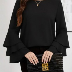 Kadın Uzun Kollu Bisiklet Yaka Kollar İspanyol Volanlı Sandy Bluz, 30402