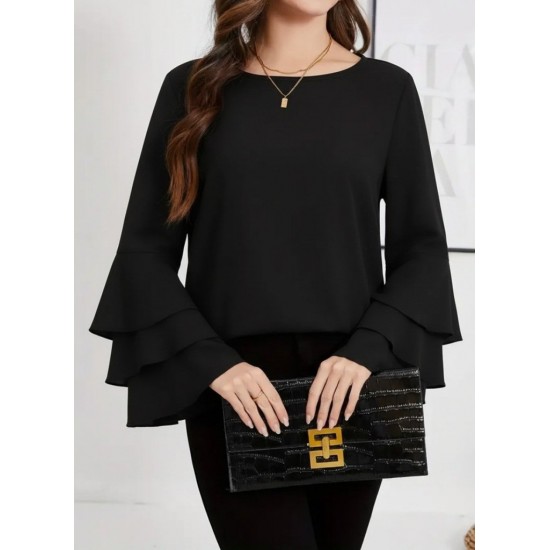 Kadın Uzun Kollu Bisiklet Yaka Kollar İspanyol Volanlı Sandy Bluz, 30402