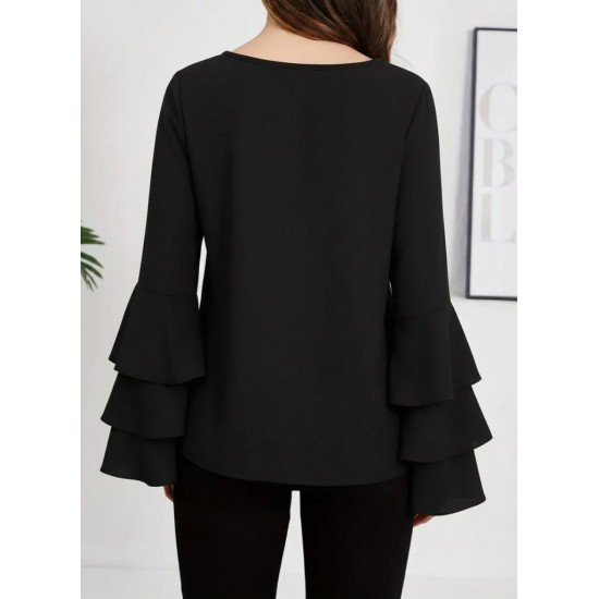 Kadın Uzun Kollu Bisiklet Yaka Kollar İspanyol Volanlı Sandy Bluz, 30402