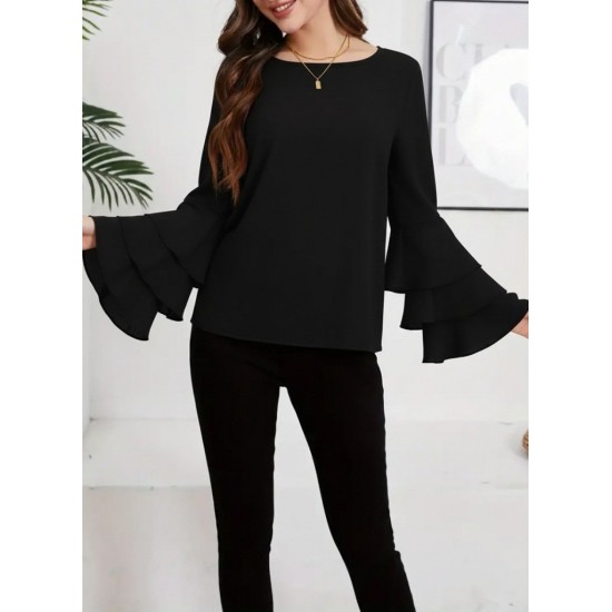 Kadın Uzun Kollu Bisiklet Yaka Kollar İspanyol Volanlı Sandy Bluz, 30402