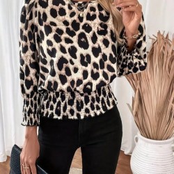 Kadın Uzun Kollu Bisiklet Yaka Leopar Desenli Modal Bluz, 30401