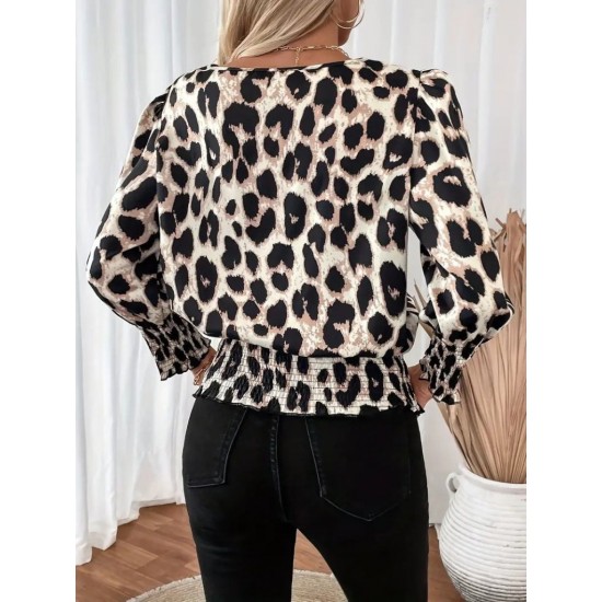 Kadın Uzun Kollu Bisiklet Yaka Leopar Desenli Modal Bluz, 30401