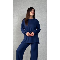 Kadın Uzun Kollu Bisiklet Yaka Belden Büzgülü Bağcıklı Viskon Iki Iplik Bluz Ve Pantolon Ikili Takım , 30429