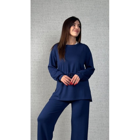 Kadın Uzun Kollu Bisiklet Yaka Belden Büzgülü Bağcıklı Viskon Iki Iplik Bluz Ve Pantolon Ikili Takım , 30429