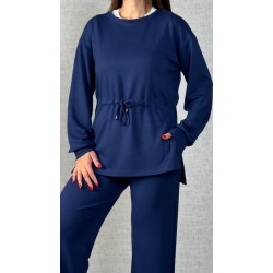 Kadın Uzun Kollu Bisiklet Yaka Belden Büzgülü Bağcıklı Viskon Iki Iplik Bluz Ve Pantolon Ikili Takım , 30429