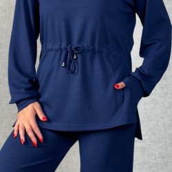 Kadın Uzun Kollu Bisiklet Yaka Belden Büzgülü Bağcıklı Viskon Iki Iplik Bluz Ve Pantolon Ikili Takım , 30429