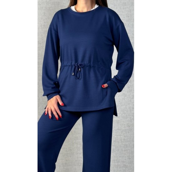 Kadın Uzun Kollu Bisiklet Yaka Belden Büzgülü Bağcıklı Viskon Iki Iplik Bluz Ve Pantolon Ikili Takım , 30429