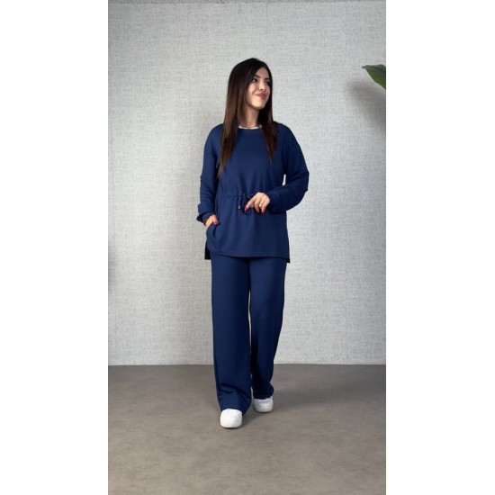 Kadın Uzun Kollu Bisiklet Yaka Belden Büzgülü Bağcıklı Viskon Iki Iplik Bluz Ve Pantolon Ikili Takım , 30429