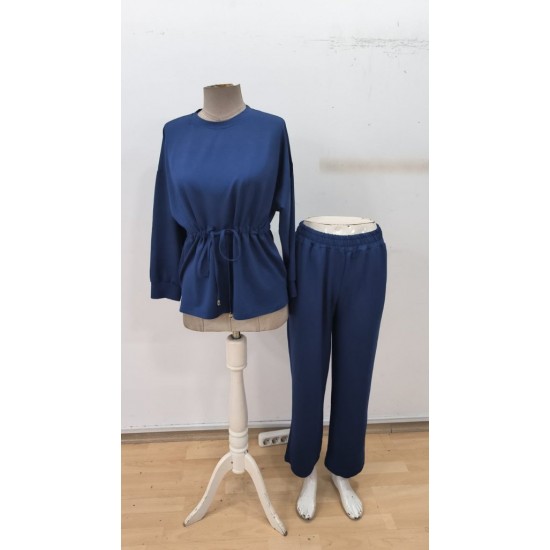 Kadın Uzun Kollu Bisiklet Yaka Belden Büzgülü Bağcıklı Viskon Iki Iplik Bluz Ve Pantolon Ikili Takım , 30429