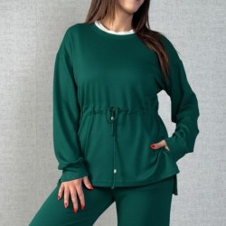 Kadın Uzun Kollu Bisiklet Yaka Belden Büzgülü Bağcıklı Viskon Iki Iplik Bluz Ve Pantolon Ikili Takım , 30428