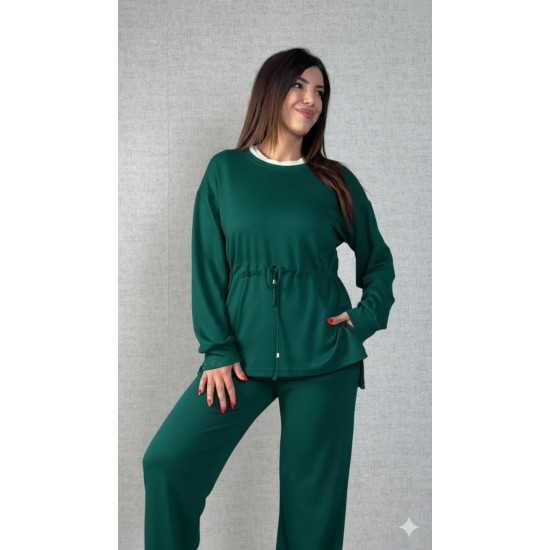 Kadın Uzun Kollu Bisiklet Yaka Belden Büzgülü Bağcıklı Viskon Iki Iplik Bluz Ve Pantolon Ikili Takım , 30428