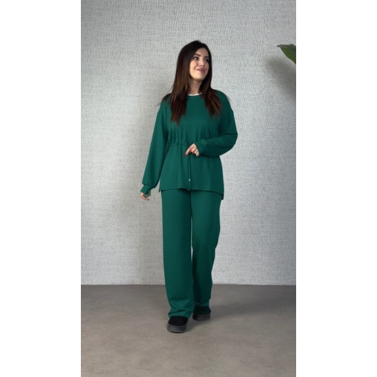 Kadın Uzun Kollu Bisiklet Yaka Belden Büzgülü Bağcıklı Viskon Iki Iplik Bluz Ve Pantolon Ikili Takım , 30428