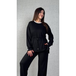 Kadın Uzun Kollu Bisiklet Yaka Belden Büzgülü Bağcıklı Viskon Iki Iplik Bluz Ve Pantolon Ikili Takım , 30425