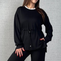 Kadın Uzun Kollu Bisiklet Yaka Belden Büzgülü Bağcıklı Viskon Iki Iplik Bluz Ve Pantolon Ikili Takım , 30425