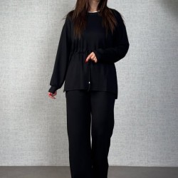 Kadın Uzun Kollu Bisiklet Yaka Belden Büzgülü Bağcıklı Viskon Iki Iplik Bluz Ve Pantolon Ikili Takım , 30425