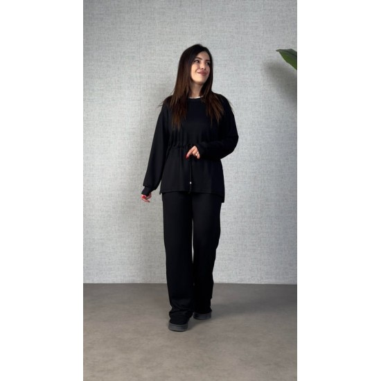 Kadın Uzun Kollu Bisiklet Yaka Belden Büzgülü Bağcıklı Viskon Iki Iplik Bluz Ve Pantolon Ikili Takım , 30425