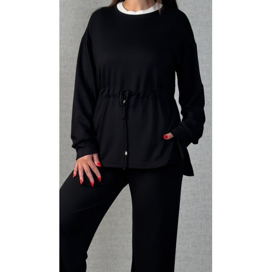 Kadın Uzun Kollu Bisiklet Yaka Belden Büzgülü Bağcıklı Viskon Iki Iplik Bluz Ve Pantolon Ikili Takım , 30425