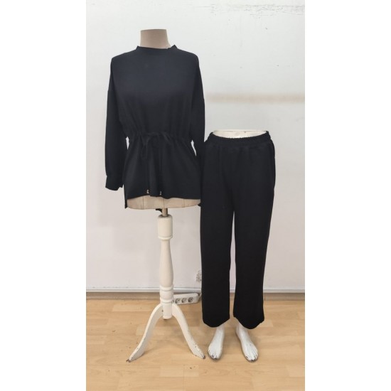 Kadın Uzun Kollu Bisiklet Yaka Belden Büzgülü Bağcıklı Viskon Iki Iplik Bluz Ve Pantolon Ikili Takım , 30425
