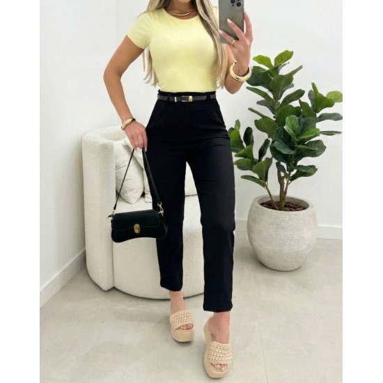 Kadın Yüksek Bel Kemersiz Ithal Krep Pantolon , 30432