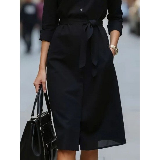 Kadın Uzun Kollu Yakalı Belden Kuşaklı Midi Trikoton Elbise, 30431