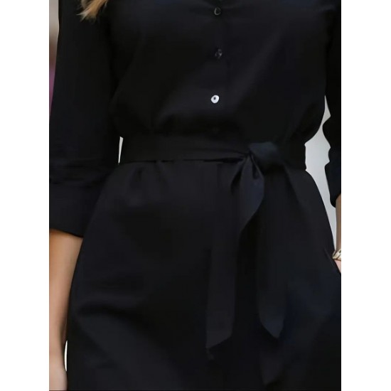 Kadın Uzun Kollu Yakalı Belden Kuşaklı Midi Trikoton Elbise, 30431