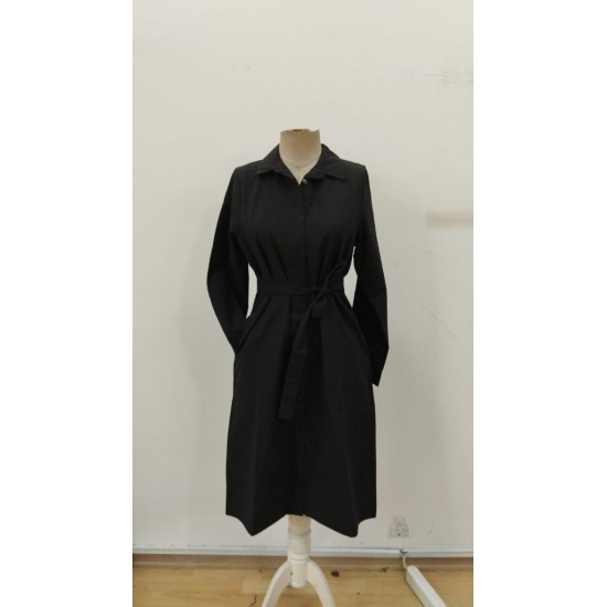 Kadın Uzun Kollu Yakalı Belden Kuşaklı Midi Trikoton Elbise, 30431