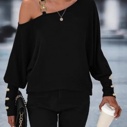 Kadın Uzun Kollu Tek Omuzdan Açık Askı Detaylı Waffle Bluz, 30443