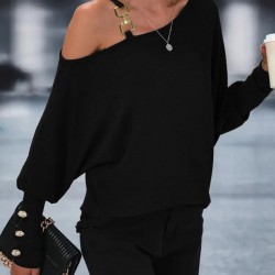 Kadın Uzun Kollu Tek Omuzdan Açık Askı Detaylı Waffle Bluz, 30443