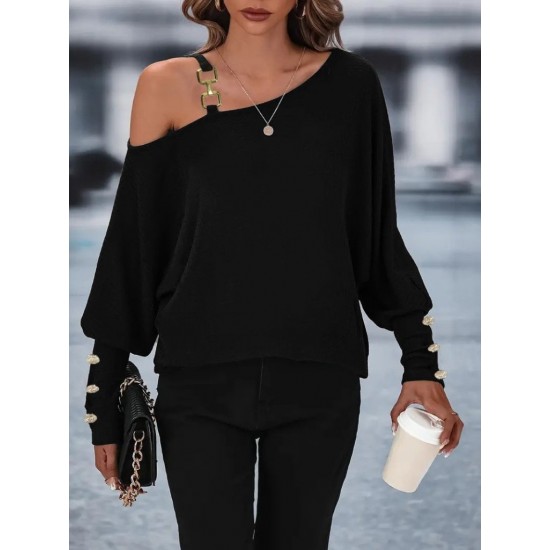 Kadın Uzun Kollu Tek Omuzdan Açık Askı Detaylı Waffle Bluz, 30443