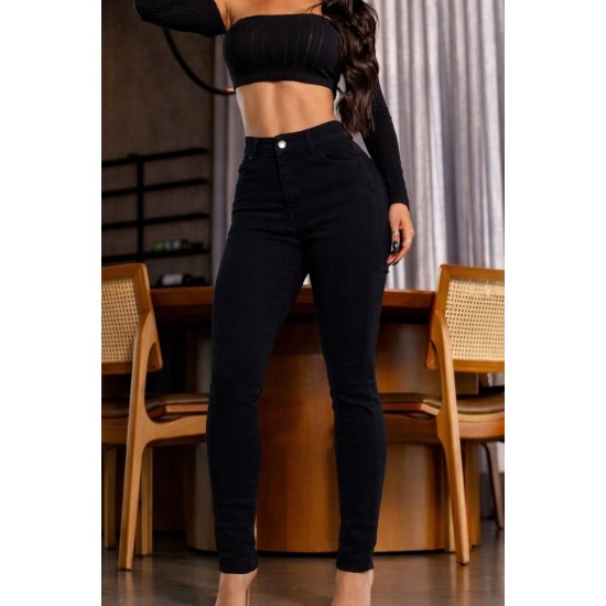 Kadın Yüksek Bel Cepli Kemersiz Kot Pantolon , 30459