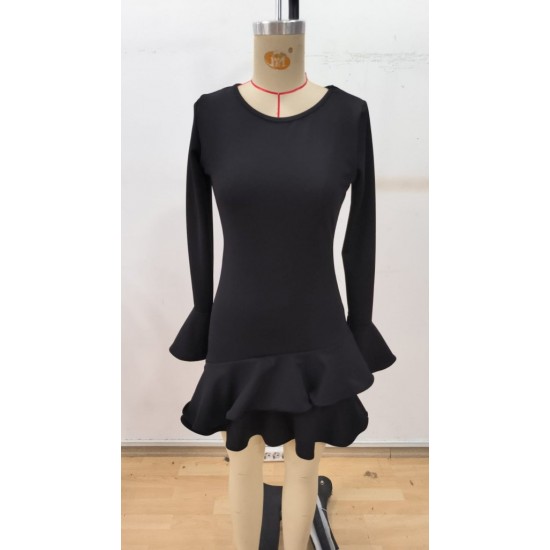 Kadın Uzun Kollu Yuvarlak Yaka Fırfırlı Kol Ucu Volanlı Janjan Krep Mini Elbise, 30464