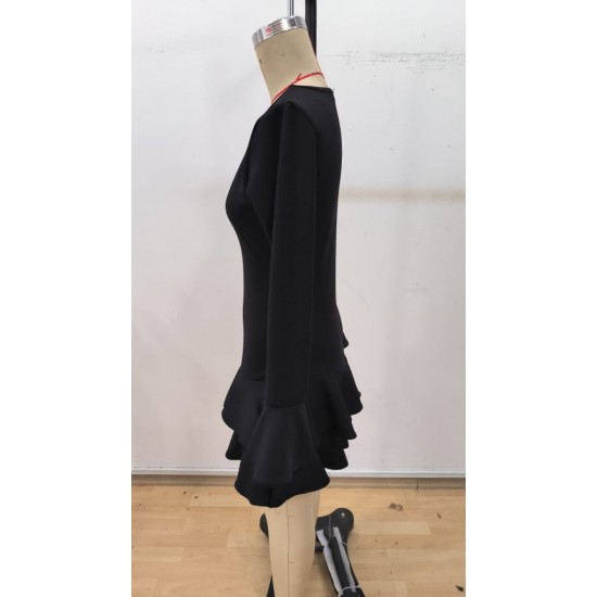 Kadın Uzun Kollu Yuvarlak Yaka Fırfırlı Kol Ucu Volanlı Janjan Krep Mini Elbise, 30464