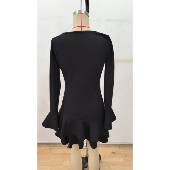 Kadın Uzun Kollu Yuvarlak Yaka Fırfırlı Kol Ucu Volanlı Janjan Krep Mini Elbise, 30464