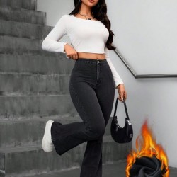 Kadın Yüksek Bel Tek Düğmeli Paçaya Doğru Genişleyen Kot Pantolon, 30483