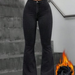 Kadın Yüksek Bel Tek Düğmeli Paçaya Doğru Genişleyen Kot Pantolon, 30483