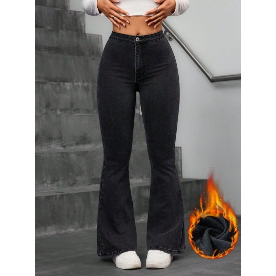 Kadın Yüksek Bel Tek Düğmeli Paçaya Doğru Genişleyen Kot Pantolon, 30483