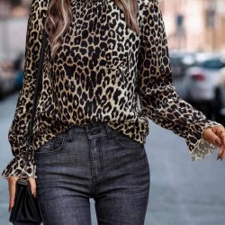 Kadın Uzun Kollu Gipe Detaylı Balıkçı Yaka Leopar Desenli Süprem Bluz, 30493